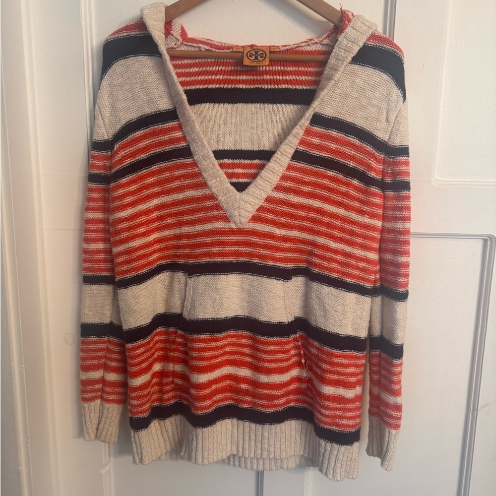 Tory Burch Red and Navy Striped V-Neck Sweater with hood
